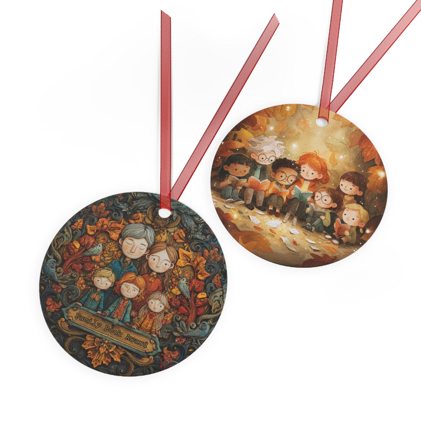 Two circular ornaments with illustrations of children and adults, one with a family scene and the other with a group of children by a campfire.