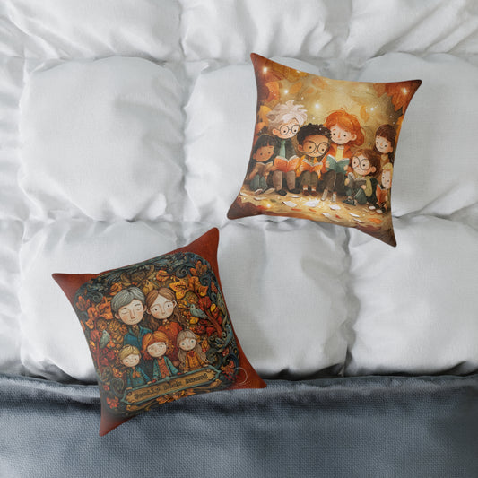 Throw Pillow - Cozy Autumn Family Illustration - National Family Literacy Month