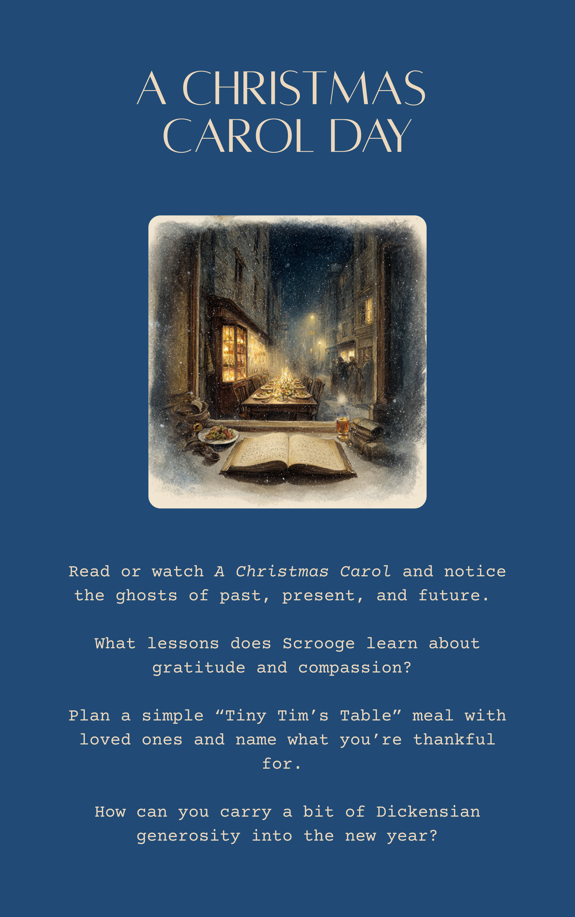Promotional graphic for A Christmas Carol with a blue background and text.