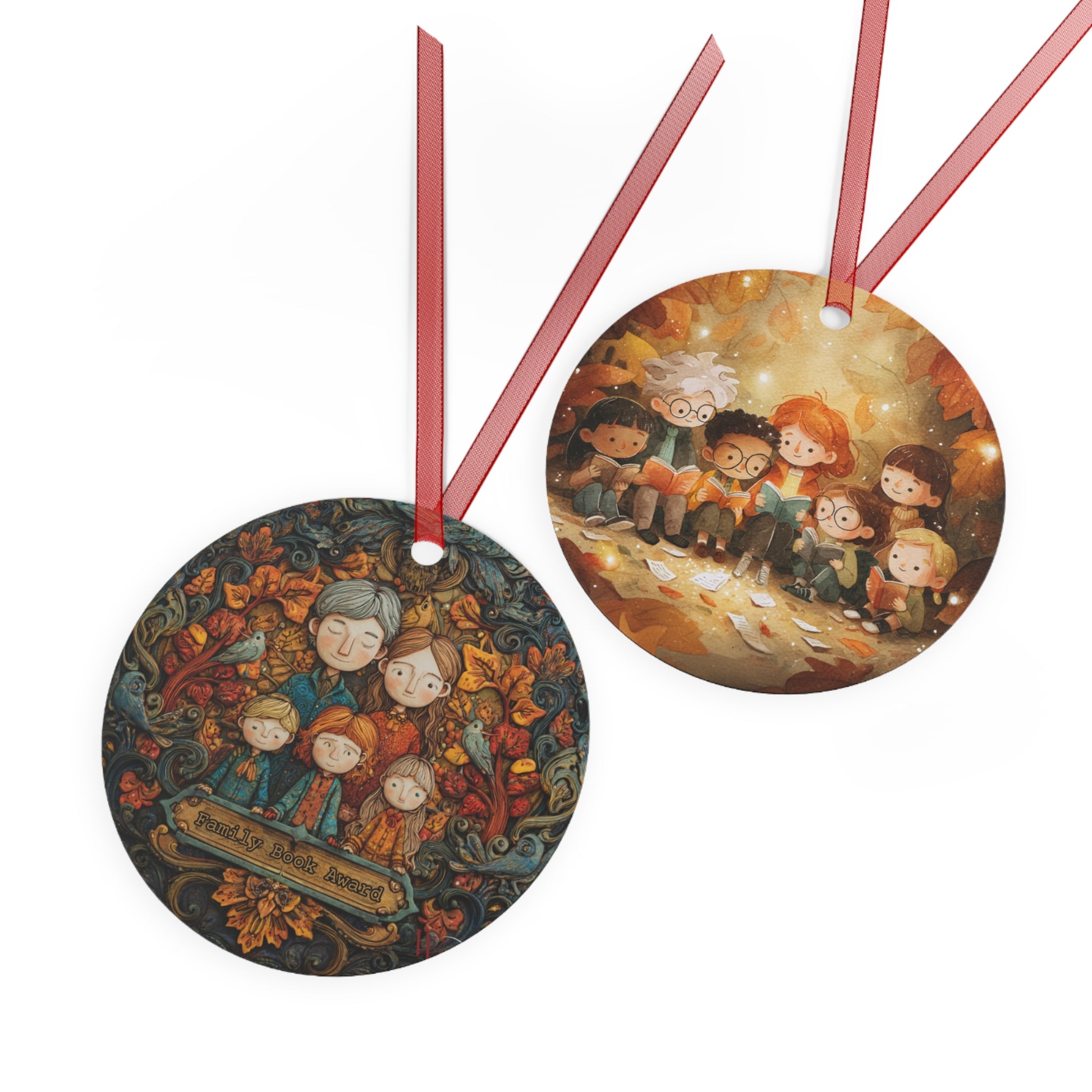 Two circular ornaments with illustrations of children and adults, one with a family scene and the other with a group of children by a campfire.