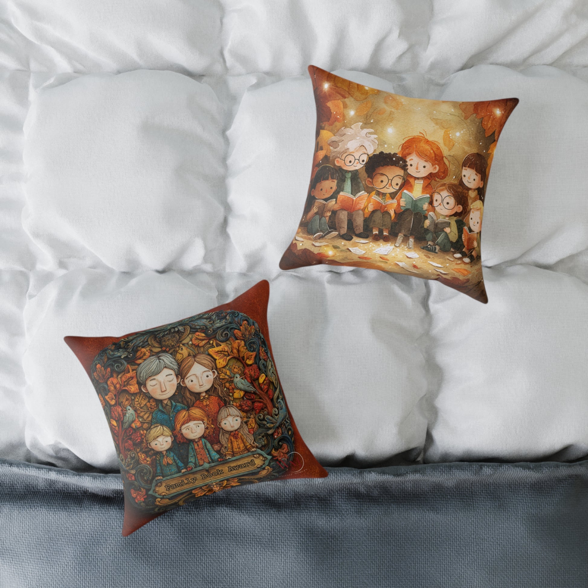 Two decorative pillows with illustrations of children and a bird on a bed.