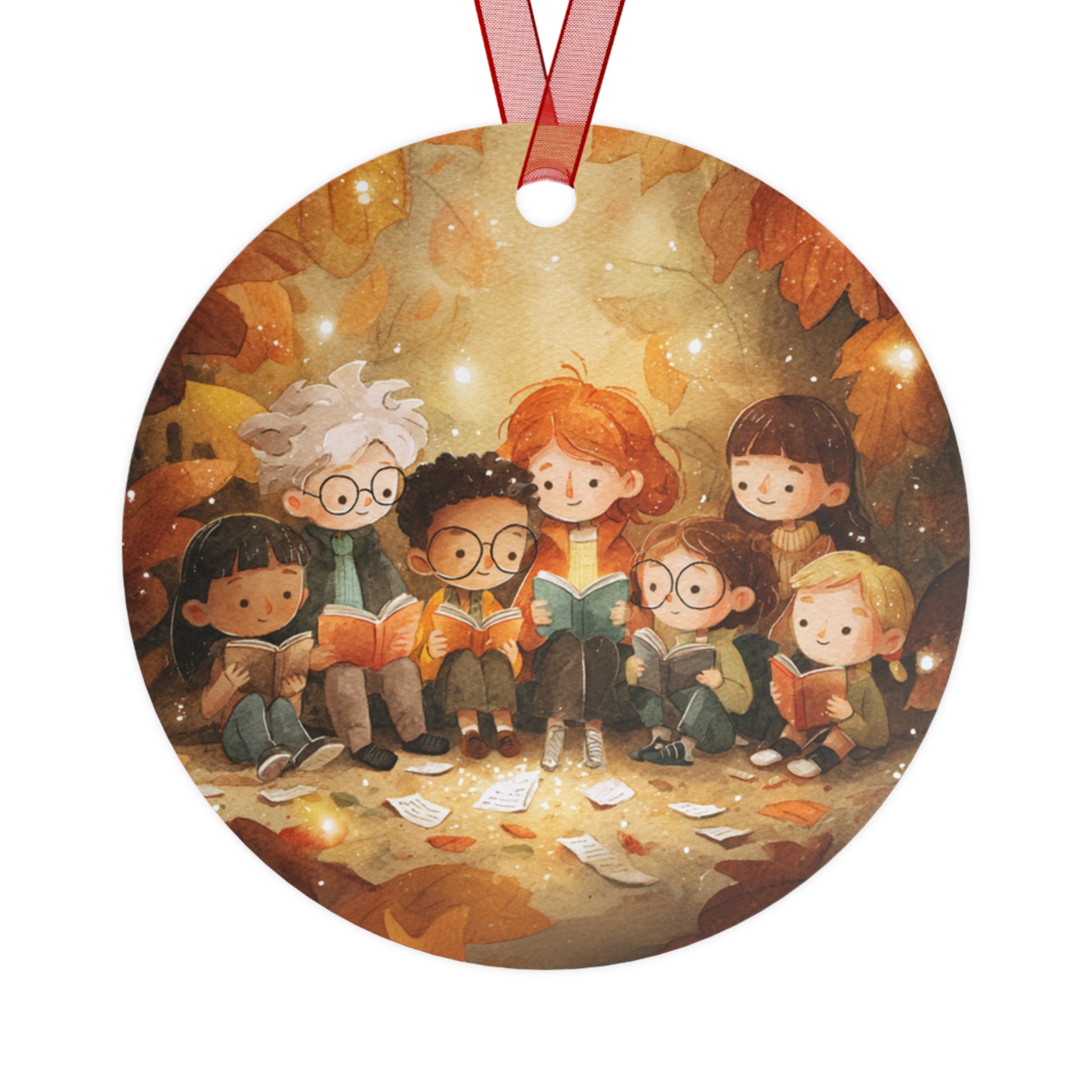 Circular ornament with illustration of children reading books, surrounded by autumn leaves.