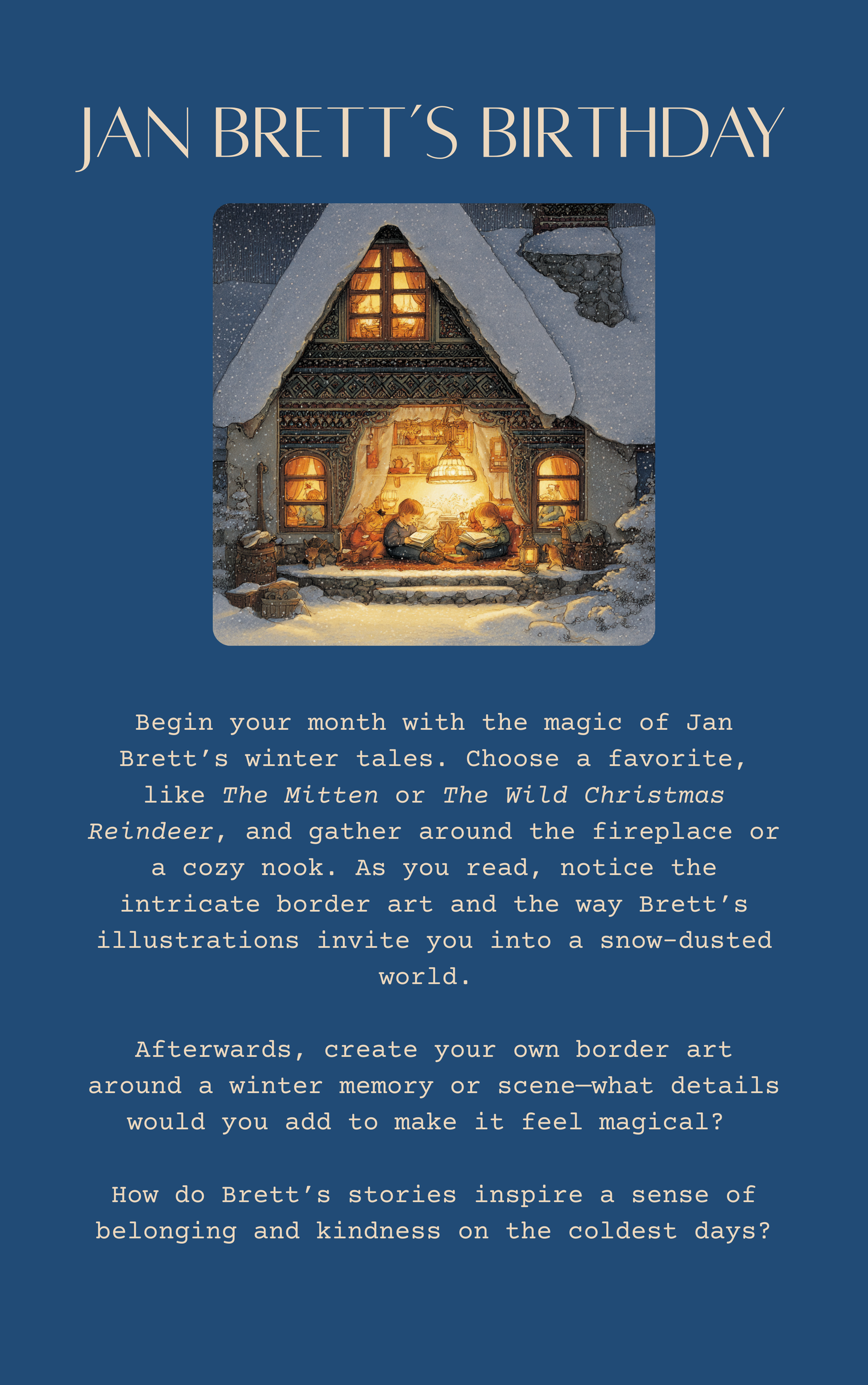 Book cover of 'Jan Brett's Birthday' with a snowy scene and text about the author's stories.