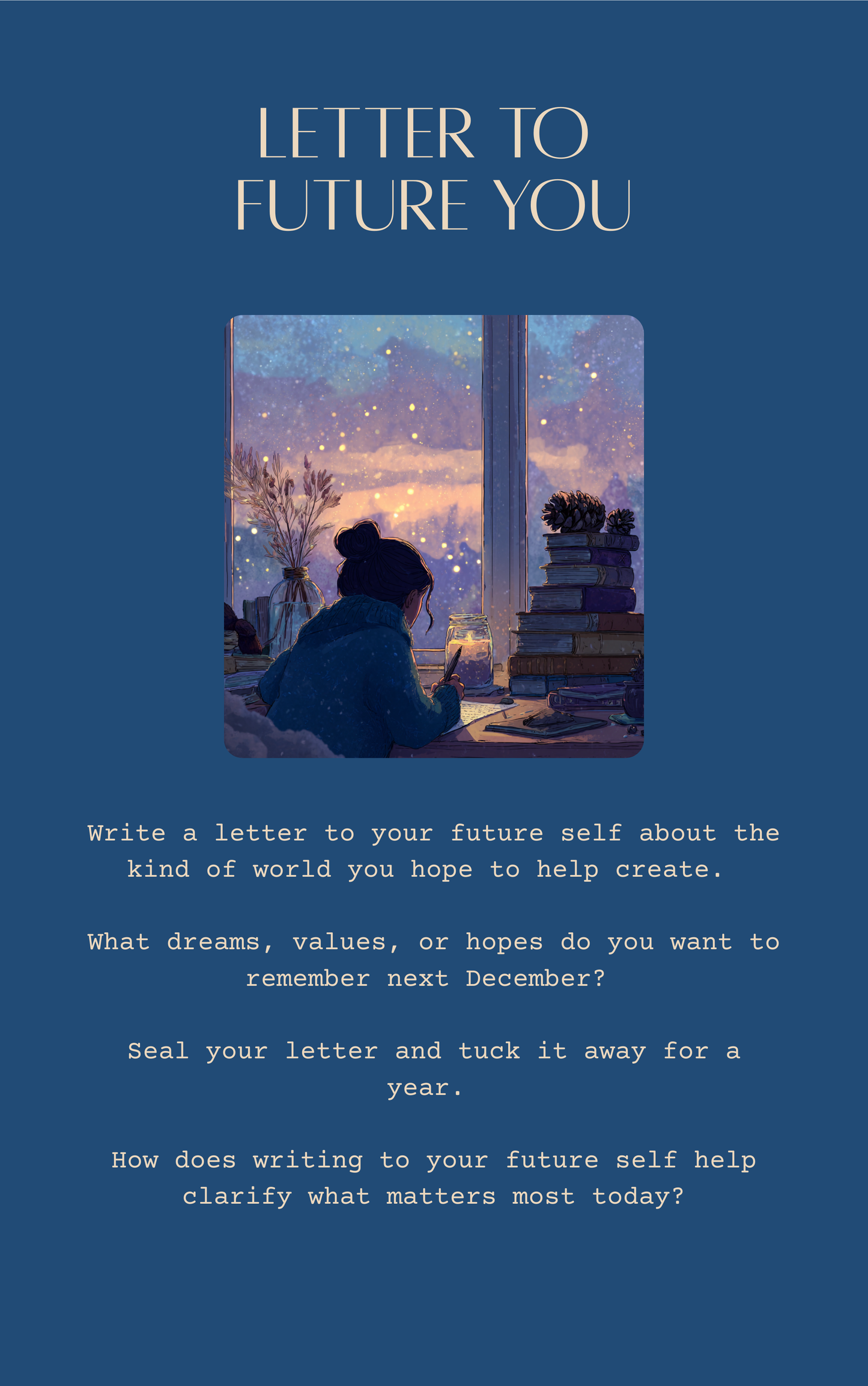 Book cover with illustration of a person sitting by a window at night, surrounded by books and a candle, with text about writing a letter to future self.