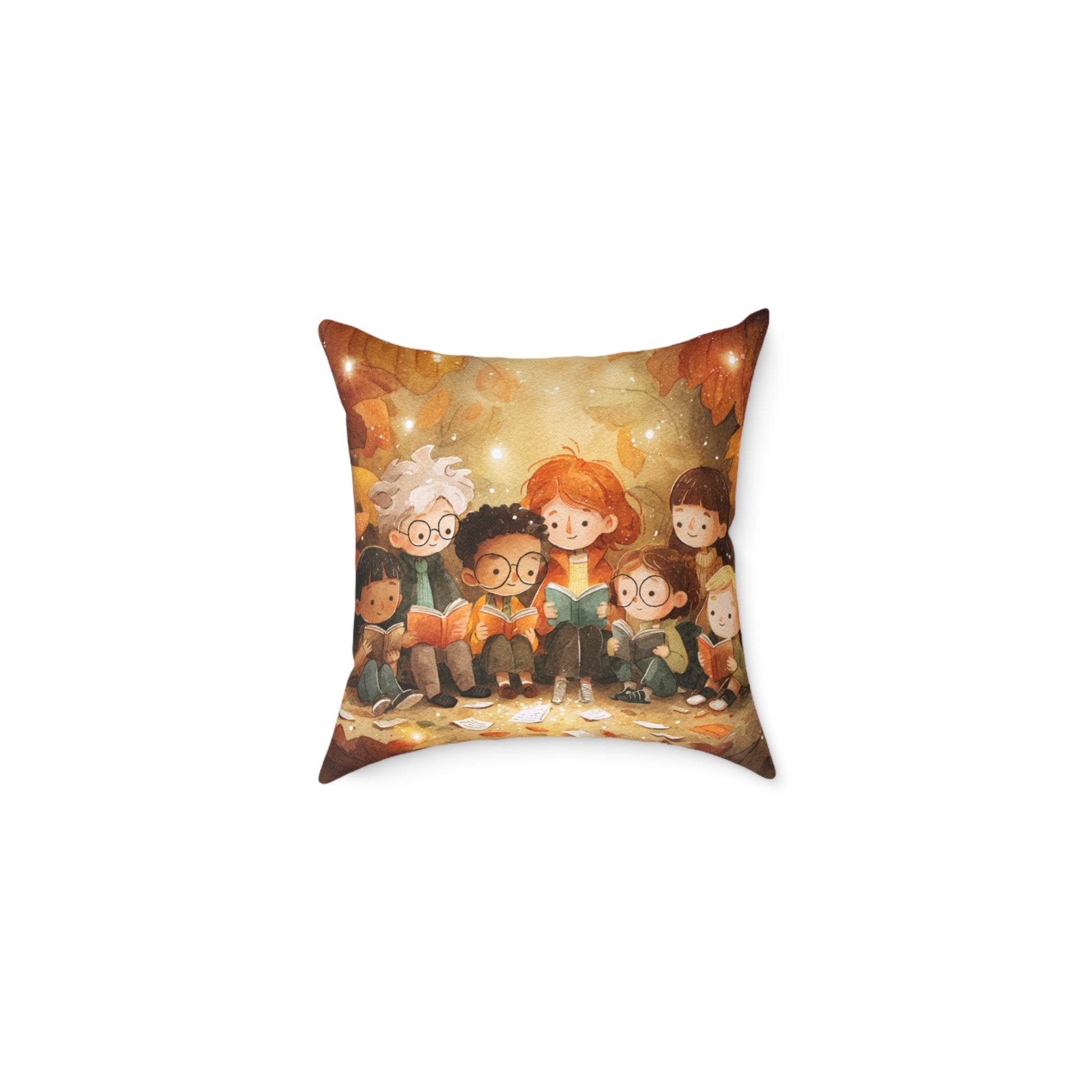 Decorative pillow with illustrated characters on a white background
