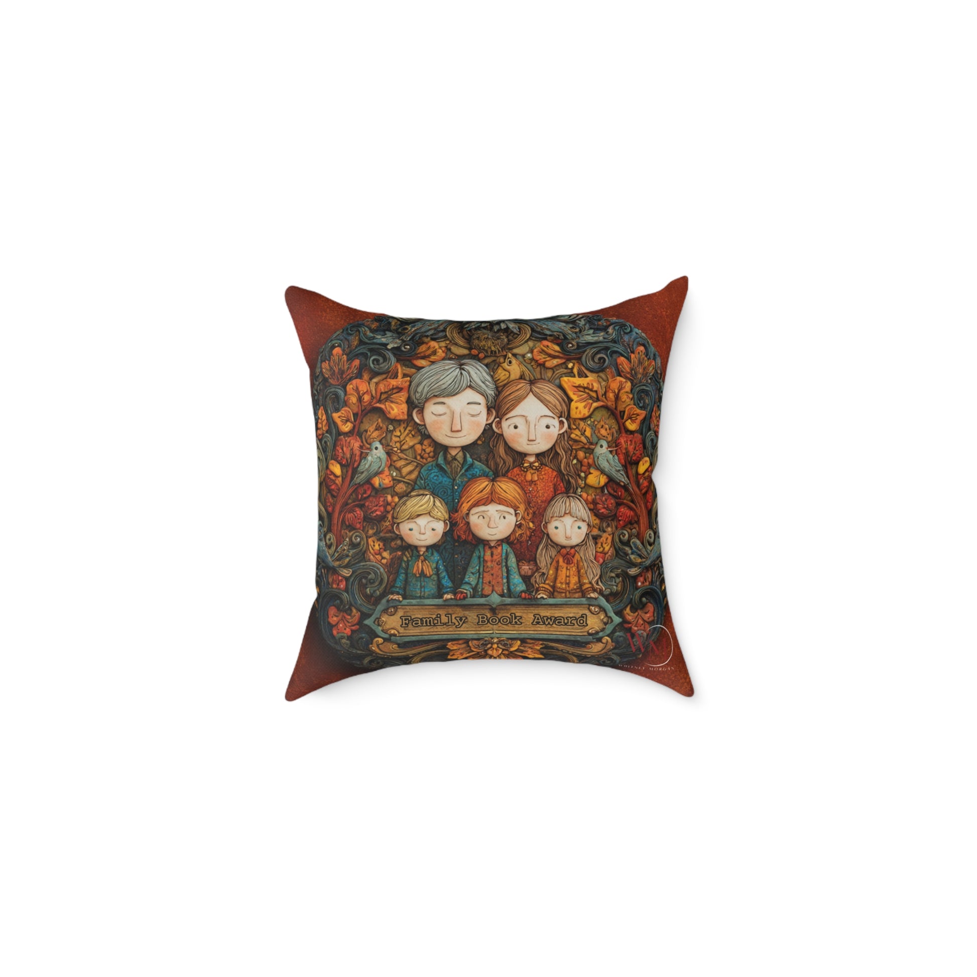 Decorative pillow with family illustration on a white background