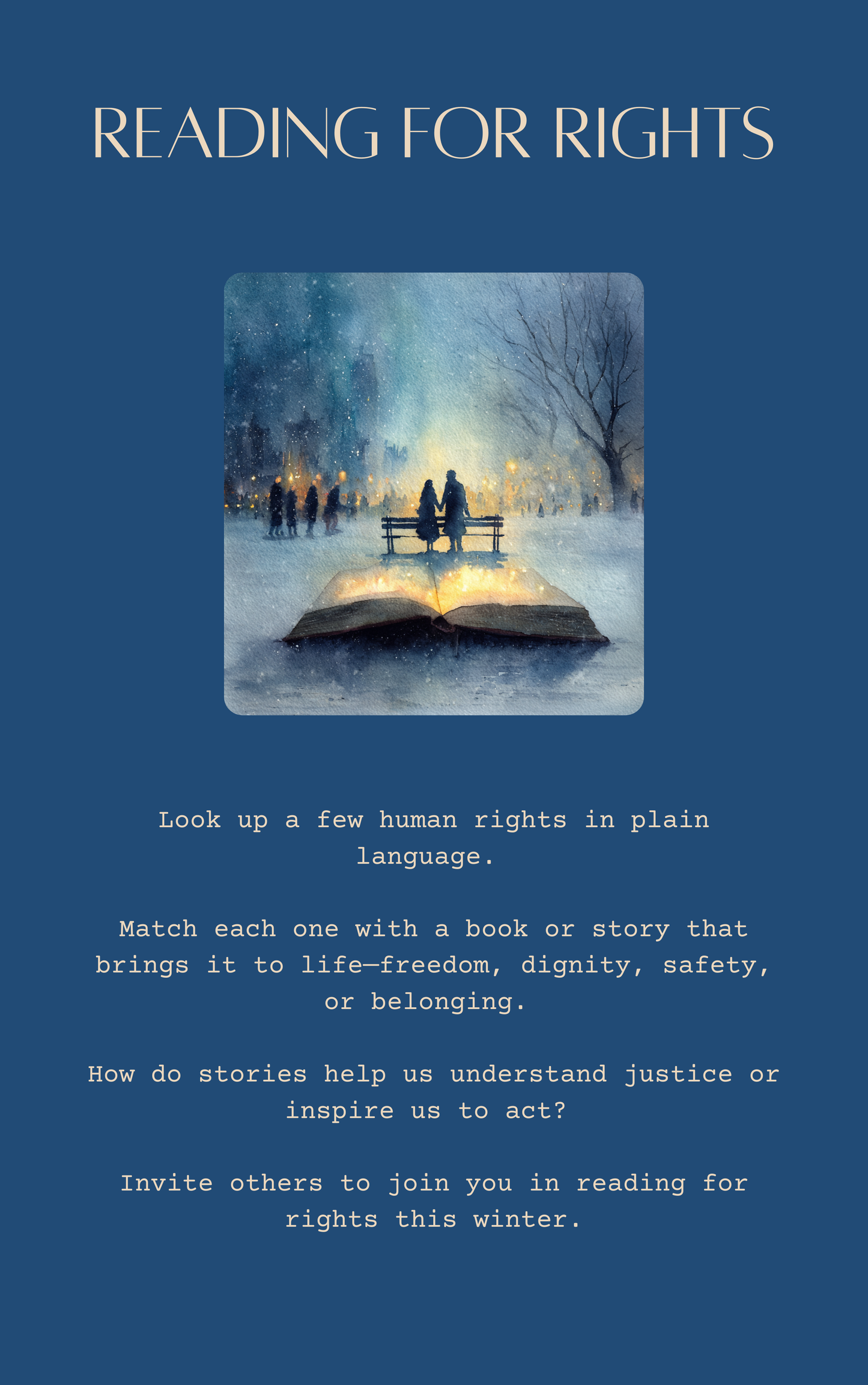 Book cover with an open book in a snowy scene, people gathered around it, and text about reading for rights.