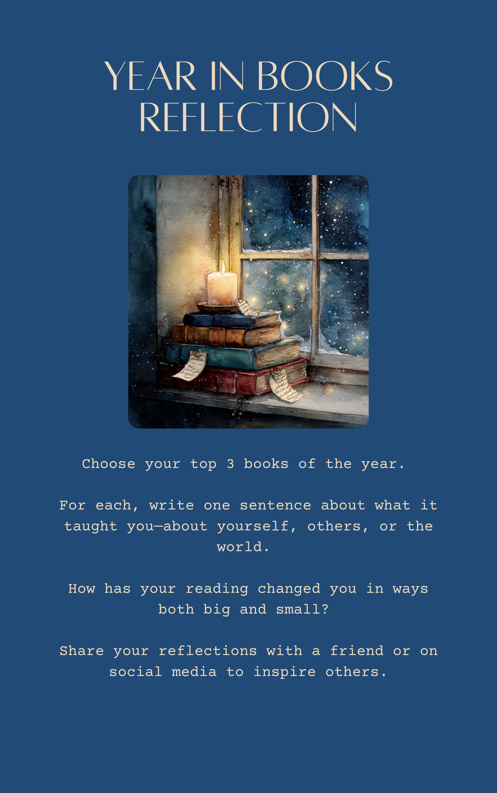 Book reflection activity with candlelit books and window on a blue background