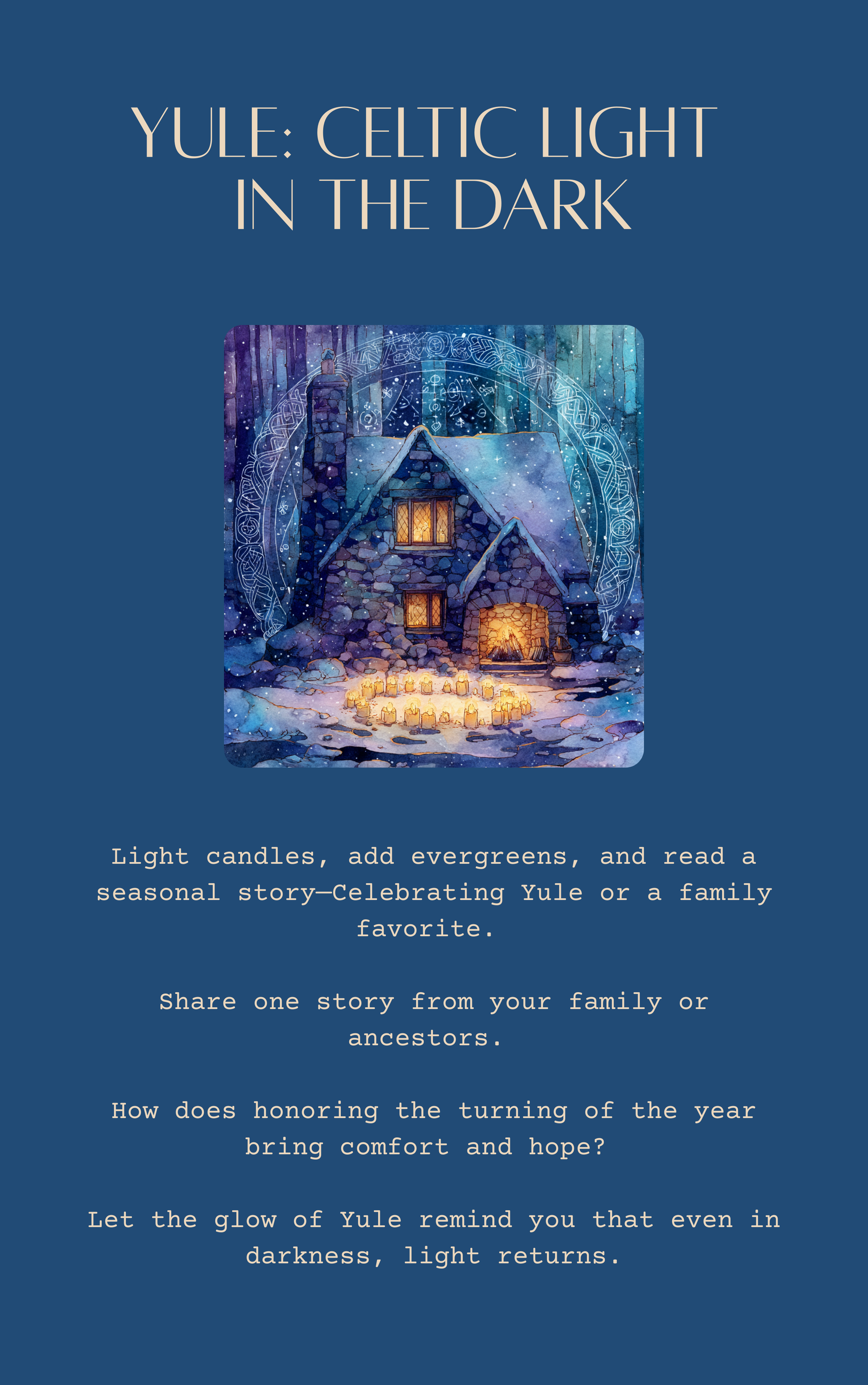 Winter scene with a house and text about Yule celebrations on a blue background